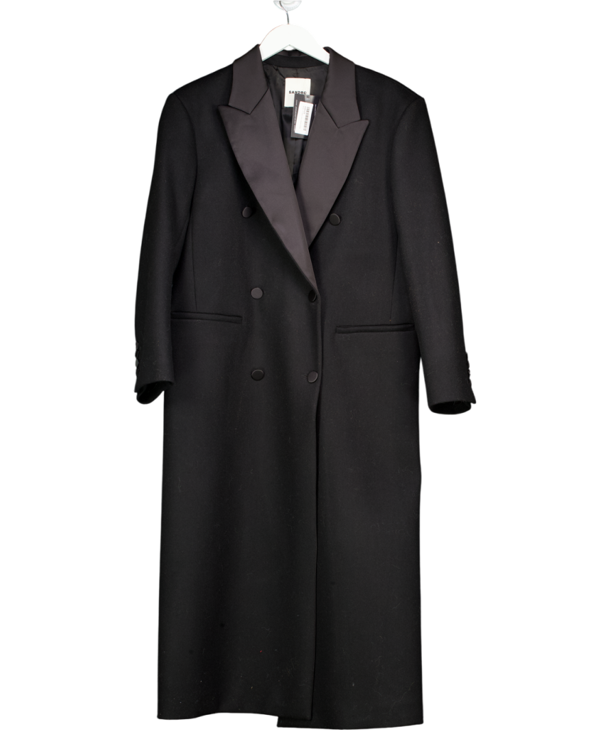Sandro Black Virgin Wool Blend Long Coat With Satin Lapels Fr42 UK 14