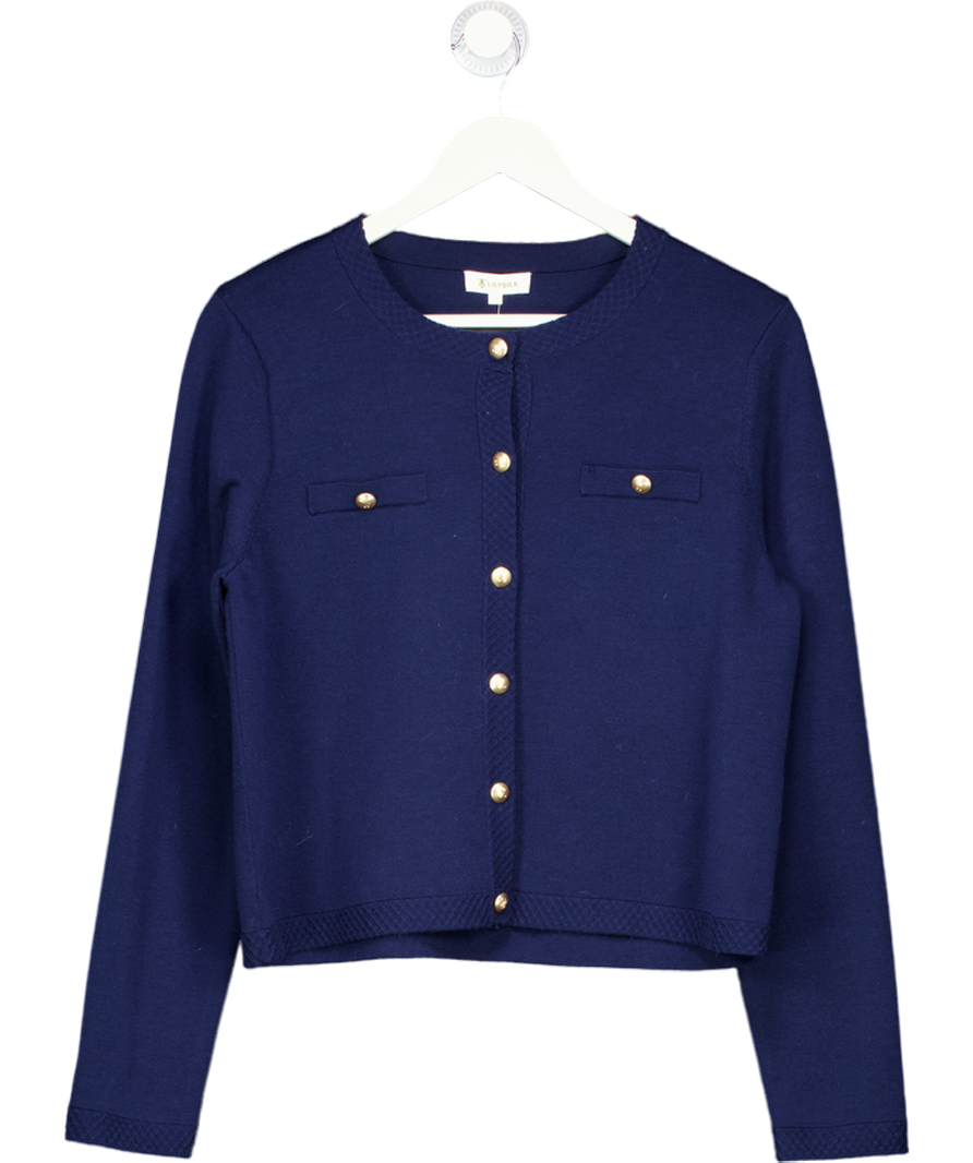 LILYSILK Blue Navy Merino Cardigan With Gold Button Detail UK S
