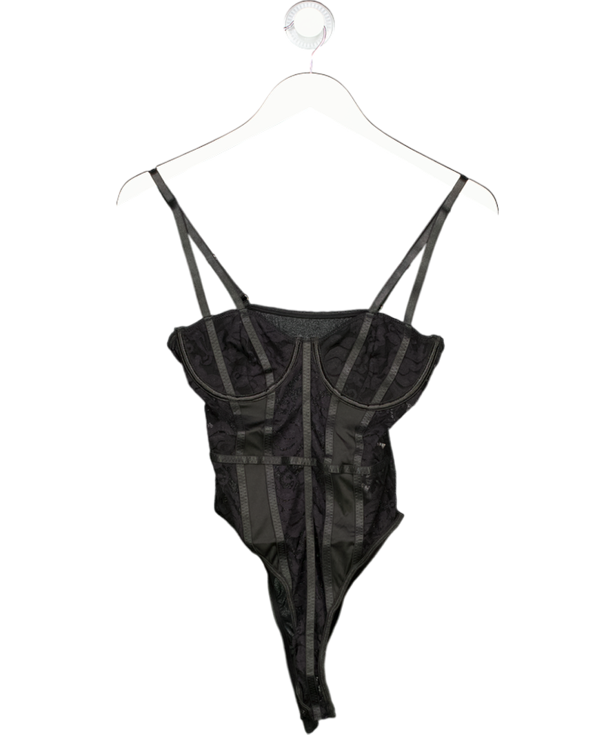 Black Sheer Embroidered Lace Bodysuit UK S
