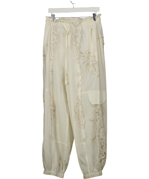 ANTHROPOLOGIE Ivory White  Embroidered Linen-blend Pull-on Joggers UK M