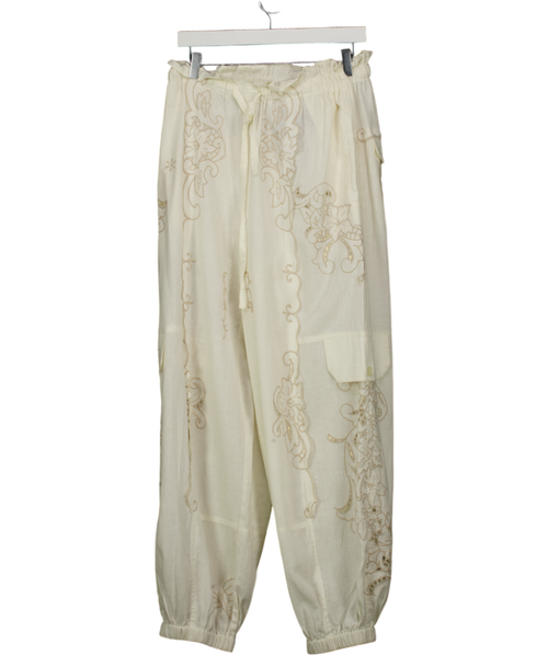 ANTHROPOLOGIE Ivory White  Embroidered Linen-blend Pull-on Joggers UK M