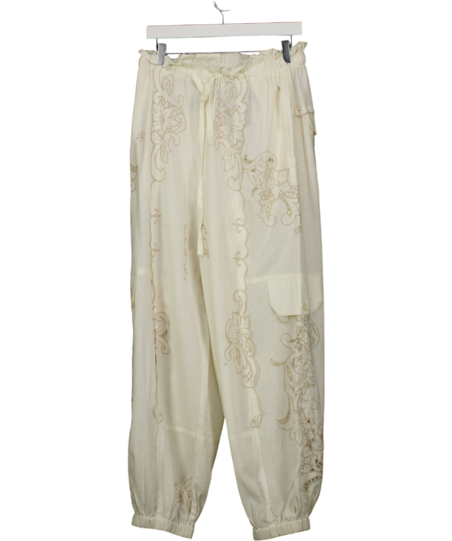 ANTHROPOLOGIE Ivory White  Embroidered Linen-blend Pull-on Joggers UK M