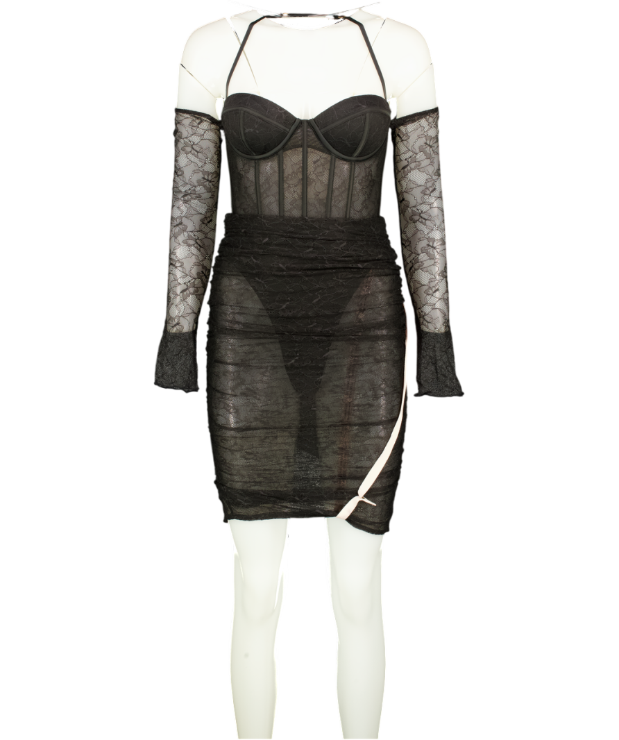 Oh Polly Long Sleeve Lace Corset Midi Dress In Black UK 6