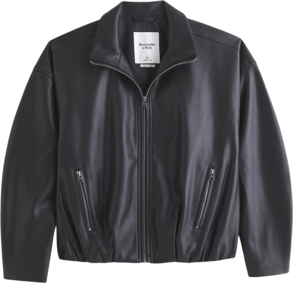 Abercrombie & Fitch Black Bubble Hem Vegan Leather Bomber Jacket UK M - Reliked