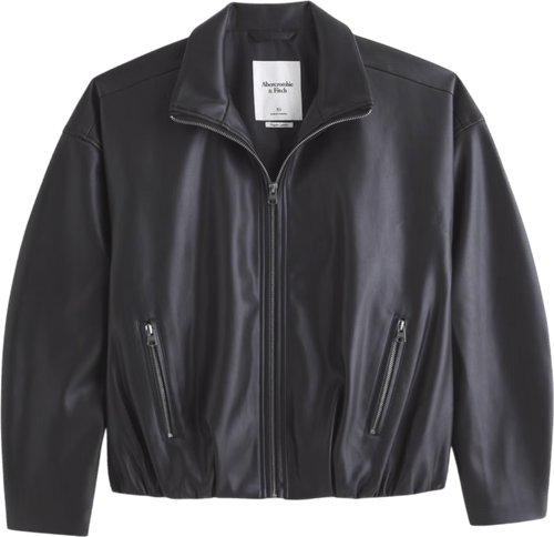 Abercrombie & Fitch Black Bubble Hem Vegan Leather Bomber Jacket UK M - Reliked