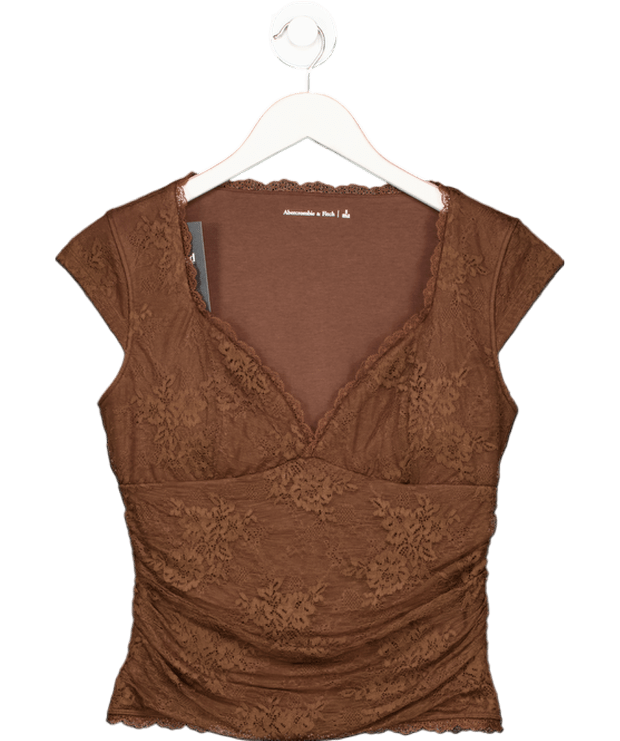 Abercrombie & Fitch Brown Short Sleeve Lace Sweetheart Top UK S - Reliked