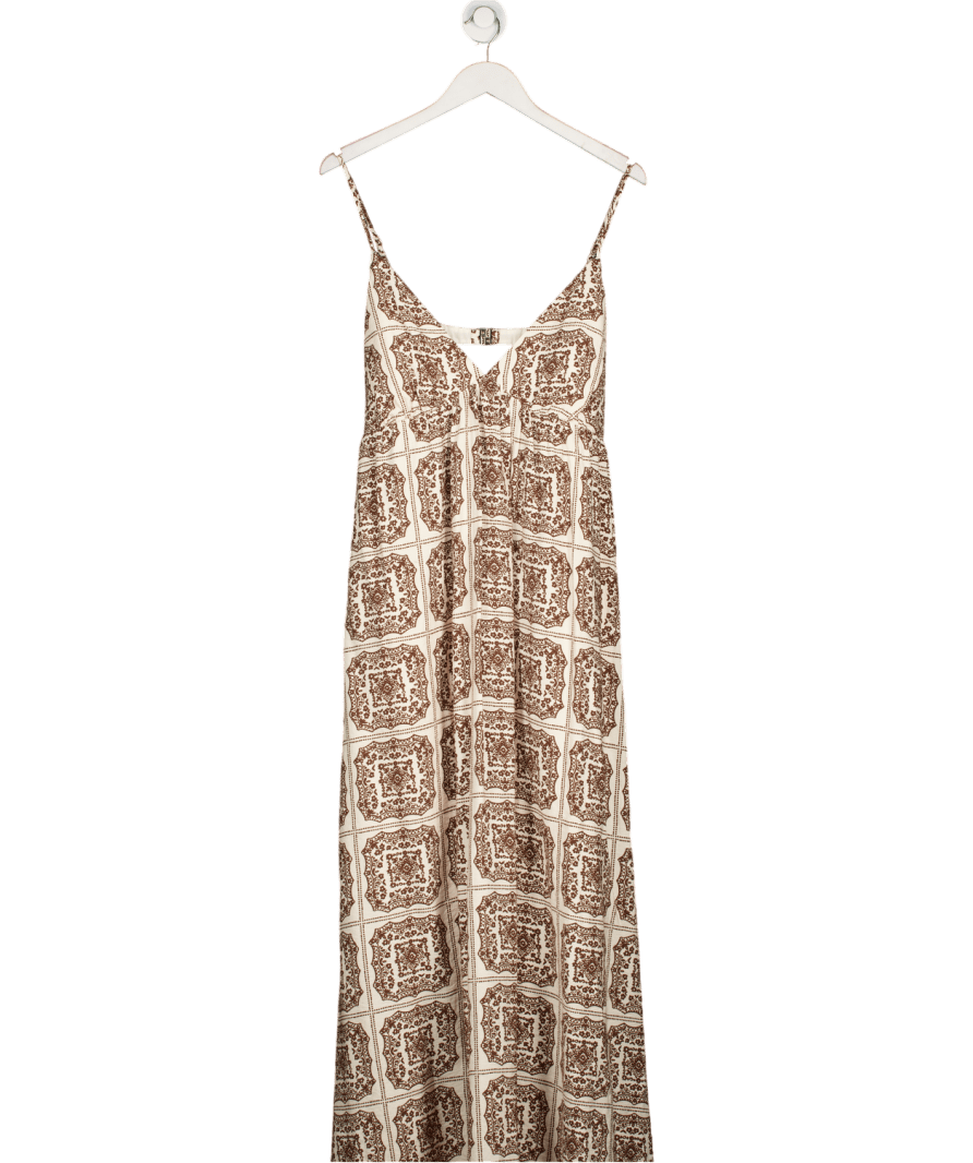 Abercrombie & Fitch Cream / Brown Tile Print Bra - free Clasp - back Flowy Maxi Dress - Tall UK XL - Reliked