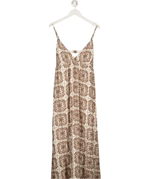 Abercrombie & Fitch Cream / Brown Tile Print Bra - free Clasp - back Flowy Maxi Dress - Tall UK XL - Reliked