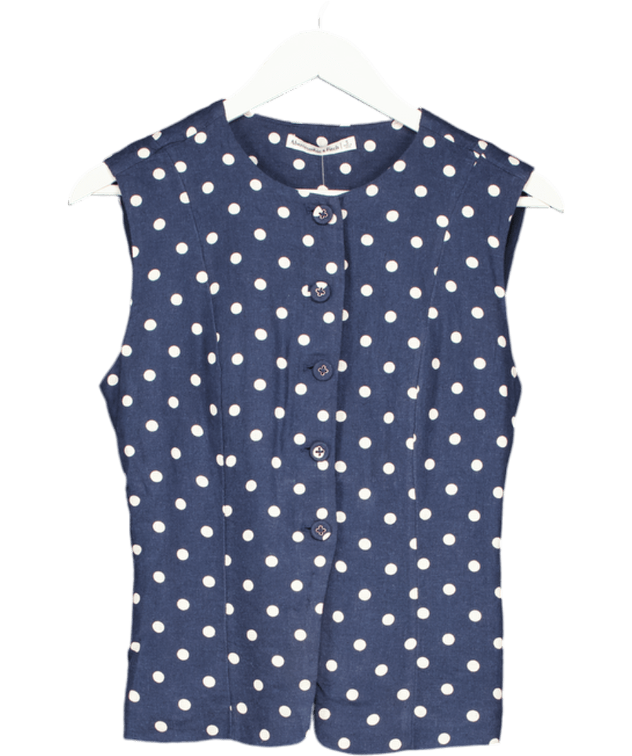 Abercrombie & Fitch Navy Blue Polka Dot Linen - blend High - neck Waistcoat Top UK S - Reliked