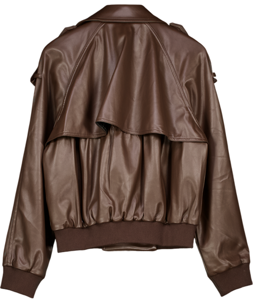 ROMY Chocolate Brown Fauxleahter Double Breasted Bomber Jacket UK M
