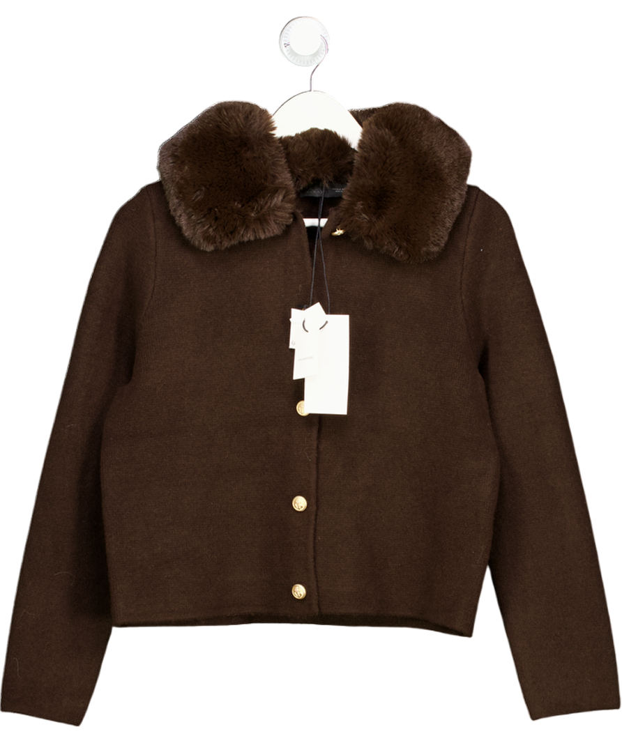 ZARA Dark Brown Cardigan With Faux Fur Collar UK S