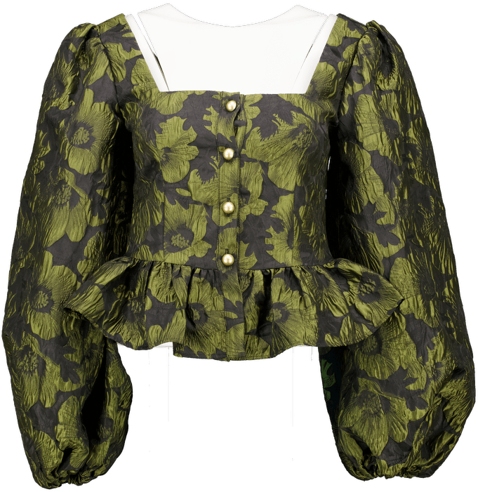 ab'itu World Olive Green / Black Silk Blend Jacquard Ballon Sleeve Blouse UK M - Reliked