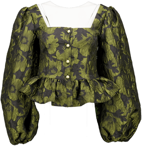 ab'itu World Olive Green / Black Silk Blend Jacquard Ballon Sleeve Blouse UK M - Reliked