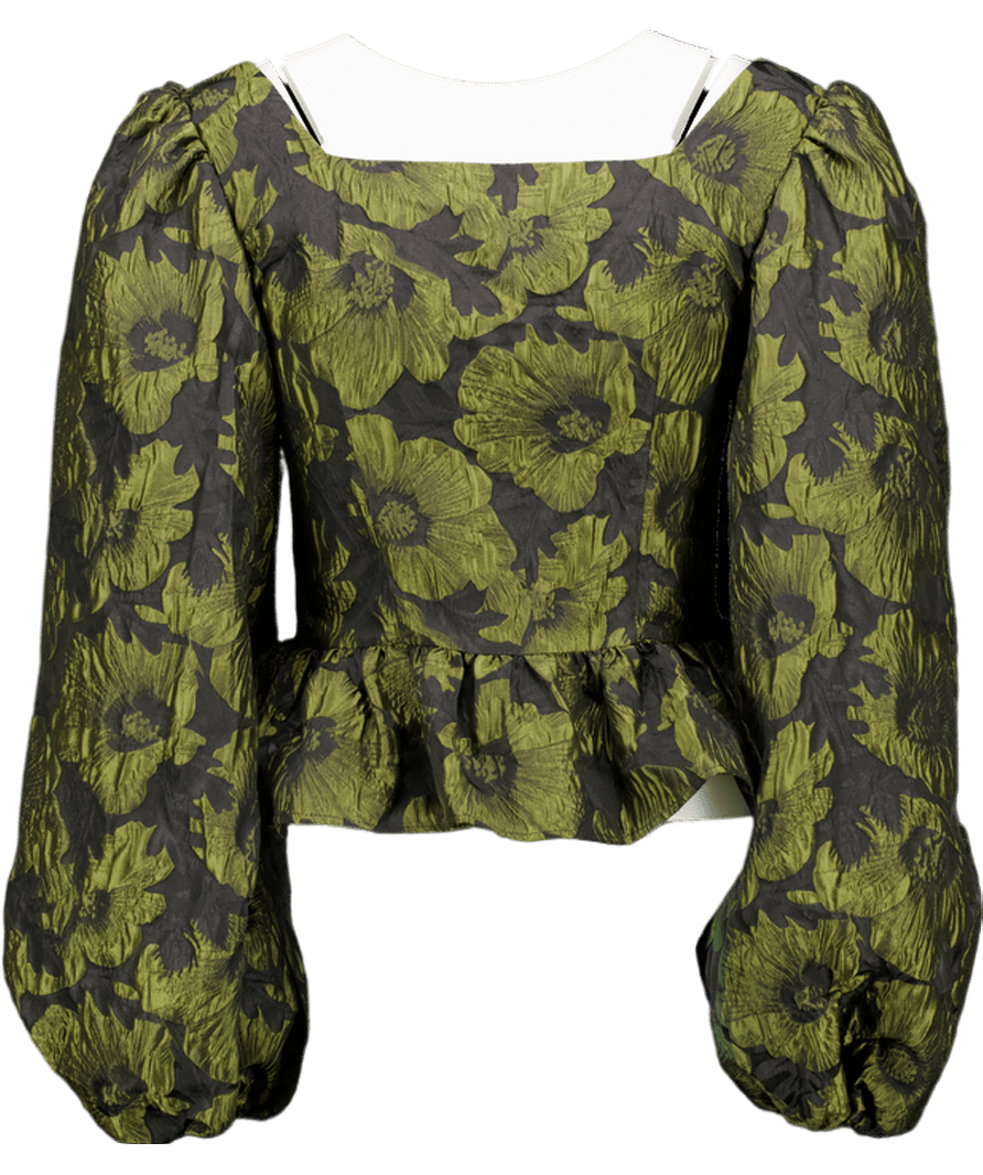 ab'itu World Olive Green / Black Silk Blend Jacquard Ballon Sleeve Blouse UK M - Reliked
