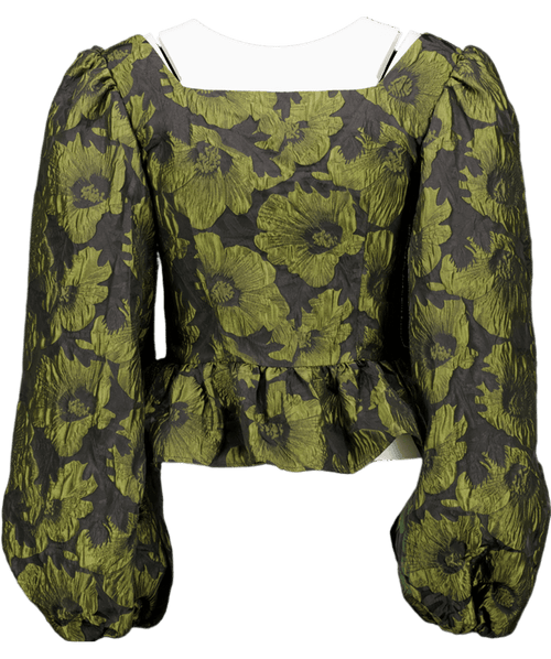 ab'itu World Olive Green / Black Silk Blend Jacquard Ballon Sleeve Blouse UK M - Reliked