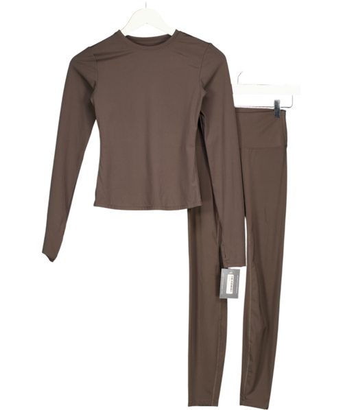 ADANOLA Brown 2-piece Long Sleeve Top And Leggings Activewear Set UK XS