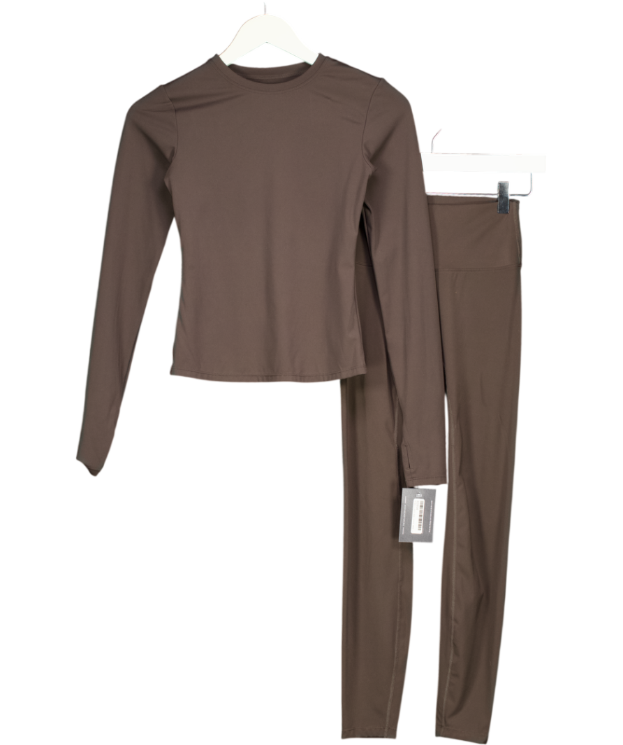 ADANOLA Brown 2-piece Long Sleeve Top And Leggings Activewear Set UK XS