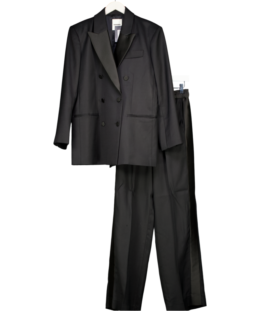 SANDRO PARIS Black 2-piece Oversized Dinner Jacket (uk 12) & Wide Trousers With Satin Side Stripe UK 10