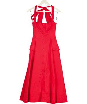 House of CB Claudia Red Stretch Cotton Button Halter Neck Midi Dress UK S