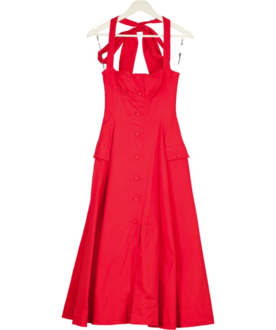 House of CB Claudia Red Stretch Cotton Button Halter Neck Midi Dress UK S