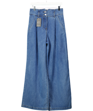 Karen Millen Blue Tailored Chambray Denim Wide Leg Pleated Trousers UK 10