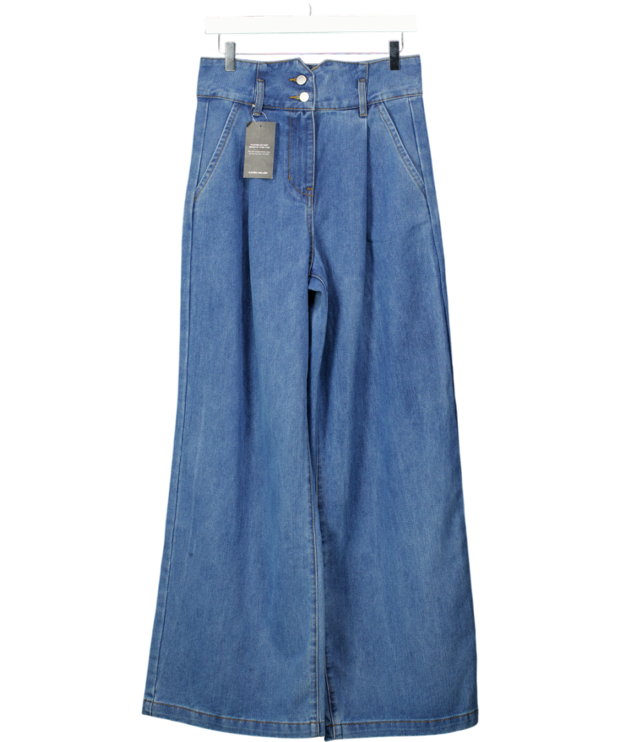 Karen Millen Blue Tailored Chambray Denim Wide Leg Pleated Trousers UK 10