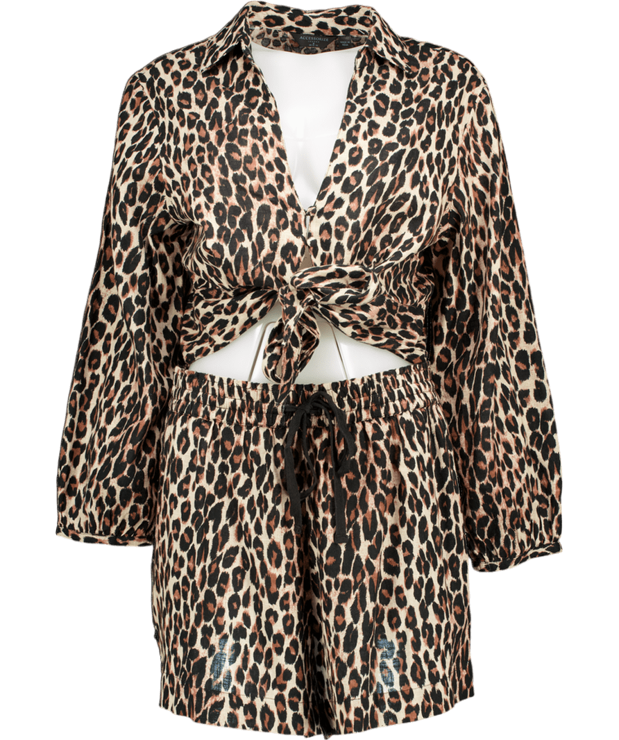 Accessorize Brown 2 - piece Leopard Tie - front Shirt And Shorts Set UK M - Reliked