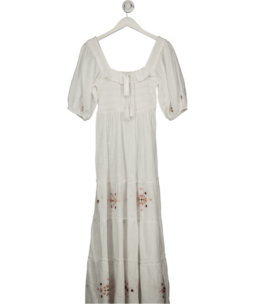 Accessorize White Embroidered Smocked Puff - sleeve Maxi Dress Ivory UK S - Reliked