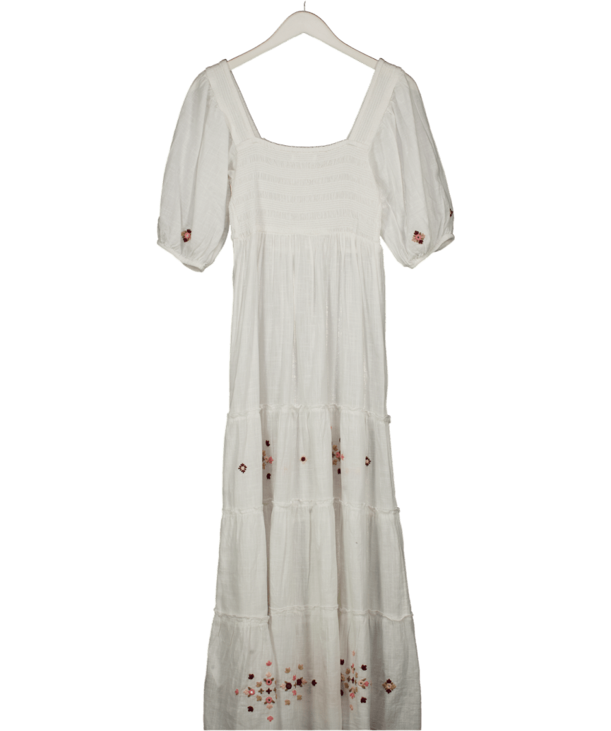 Accessorize White Embroidered Smocked Puff - sleeve Maxi Dress Ivory UK S - Reliked