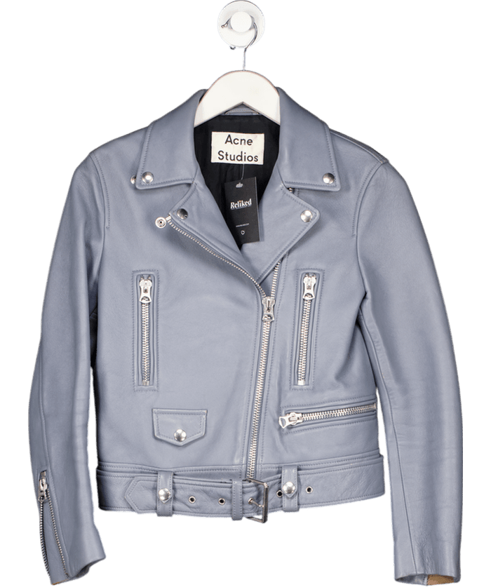 Acne Studios Dusty Blue Leather Biker Jacket UK 6