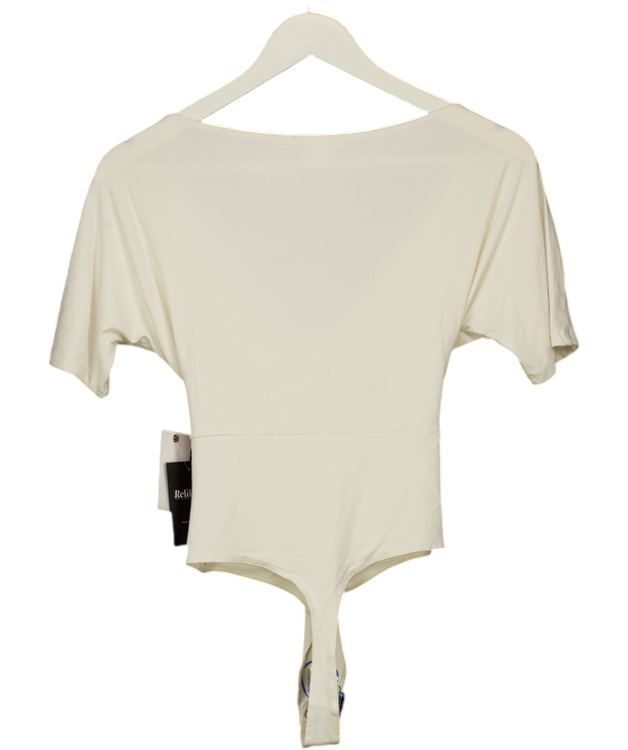 GOOD AMERICAN Cream V-neck Short Sleeve Twist Front Bodysuit UK S
