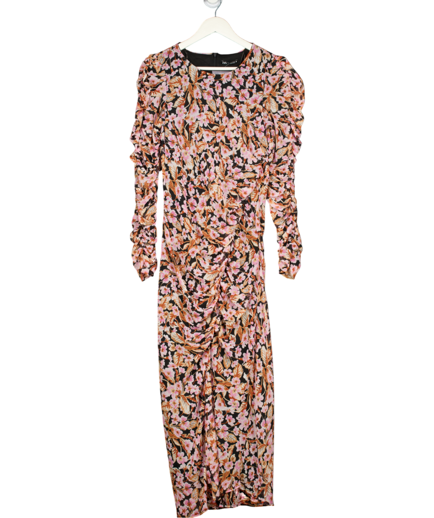 ZARA Black Floral Print Ruched Maxi Dress UK XL