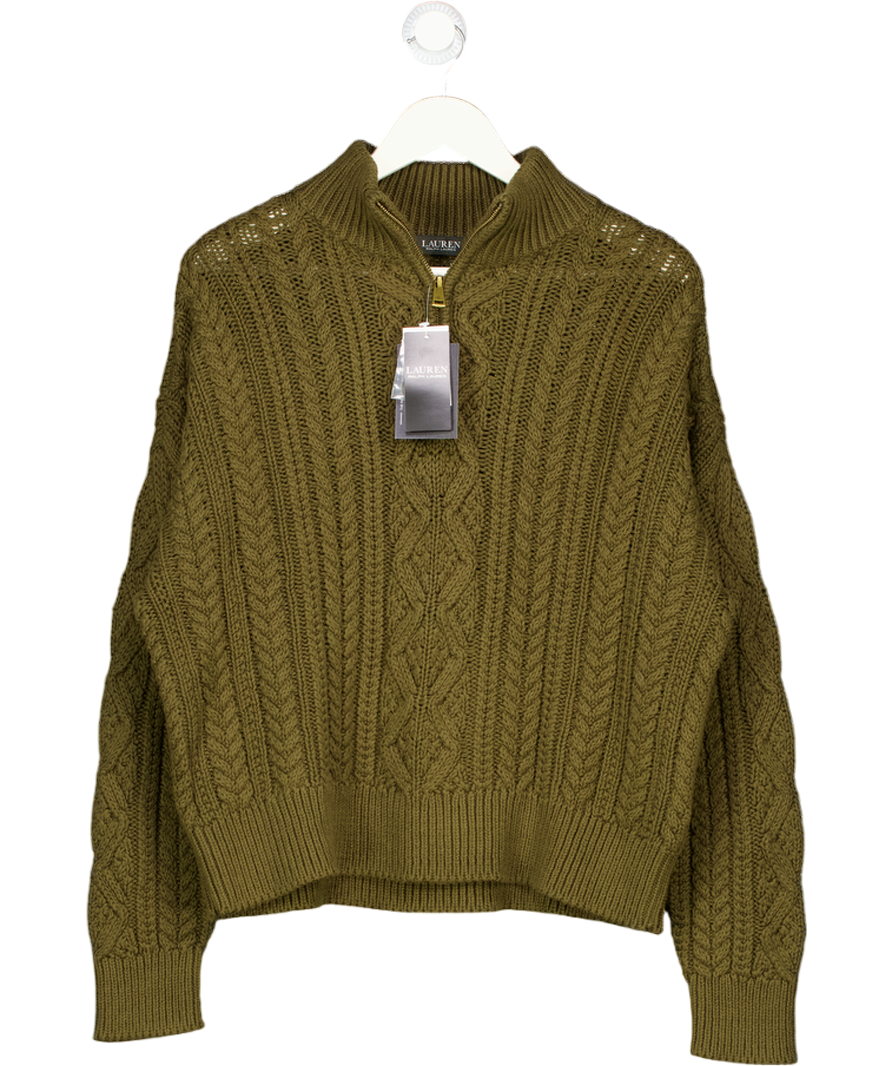 Ralph Lauren Green Olive Creen Cotton Cable Knit 1/4 Zip Jumper UK L