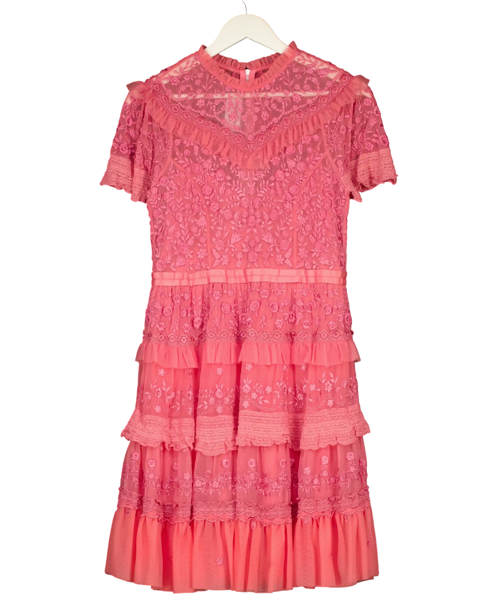 Needle & Thread Pink Iris Ruffled Embroidered Tulle Mini Dress UK 10