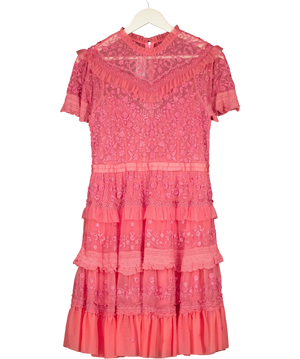 Needle & Thread Pink Iris Ruffled Embroidered Tulle Mini Dress UK 10