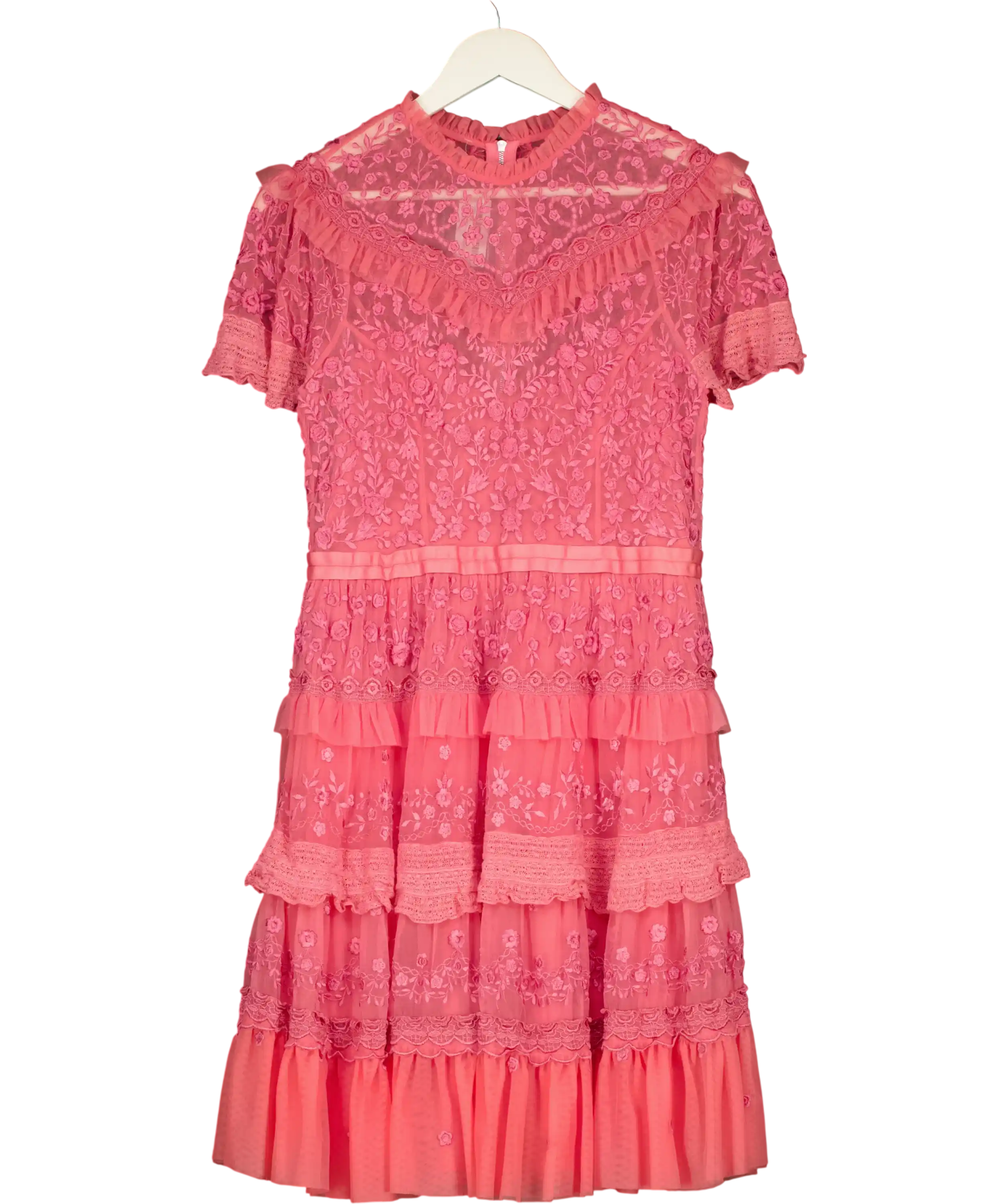 Needle & Thread Pink Iris Ruffled Embroidered Tulle Mini Dress UK 10