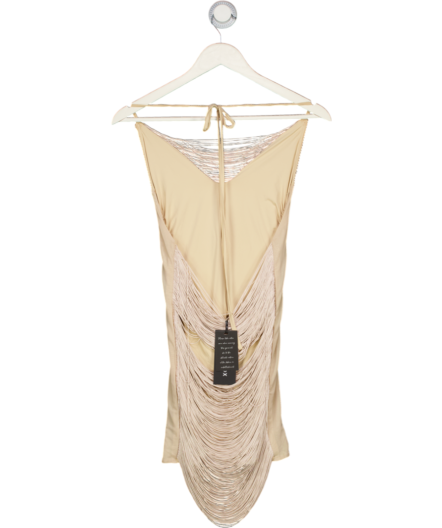 White Fox Nude Reckless Glamour Fringe Mini Dress Gold UK S