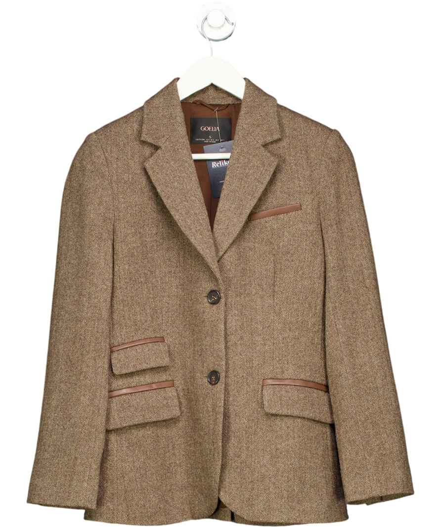 Goelia Brown Wool Single Breasted Herringbone Blazer Jacket UK S