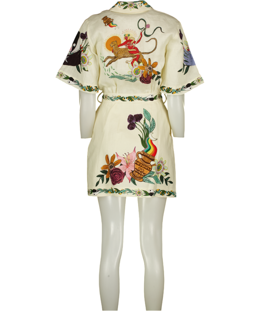 ALÉMAIS Cream Botanical Print Belted  100% Linen Mini Shirt Dress UK 6