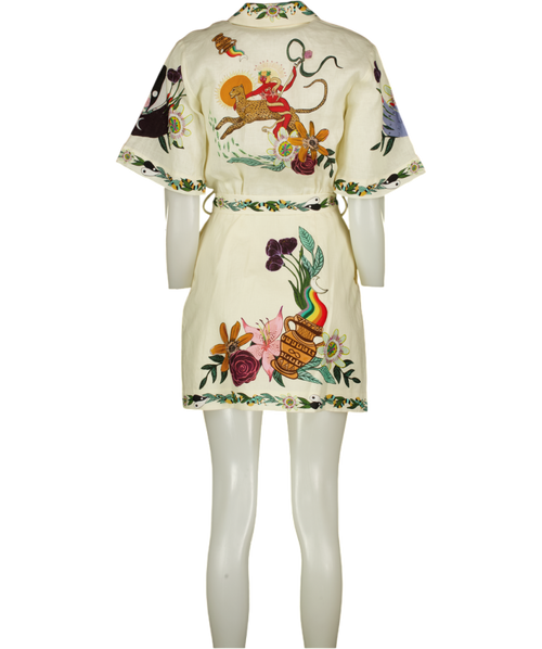 ALÉMAIS Cream Botanical Print Belted  100% Linen Mini Shirt Dress UK 6