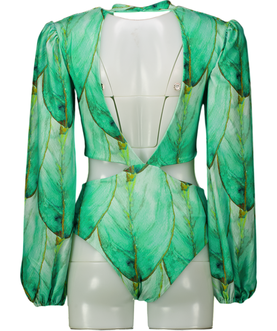 SEACYCLE Green Leaf Print One-piece Long Sleeve Swimsuit UK 6