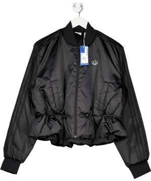 ADIDAS Originals Black Satin Three Stripe Cinched Waist Bomber Jacket UK 12