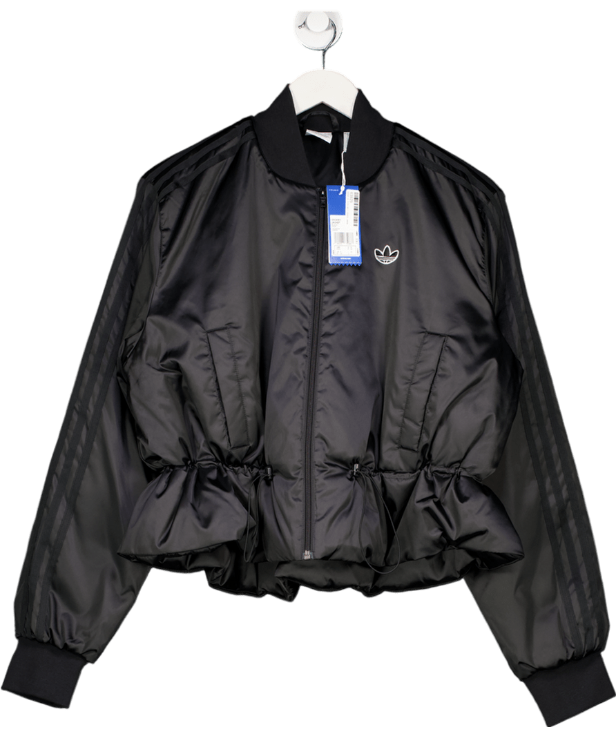 ADIDAS Originals Black Satin Three Stripe Cinched Waist Bomber Jacket UK 12
