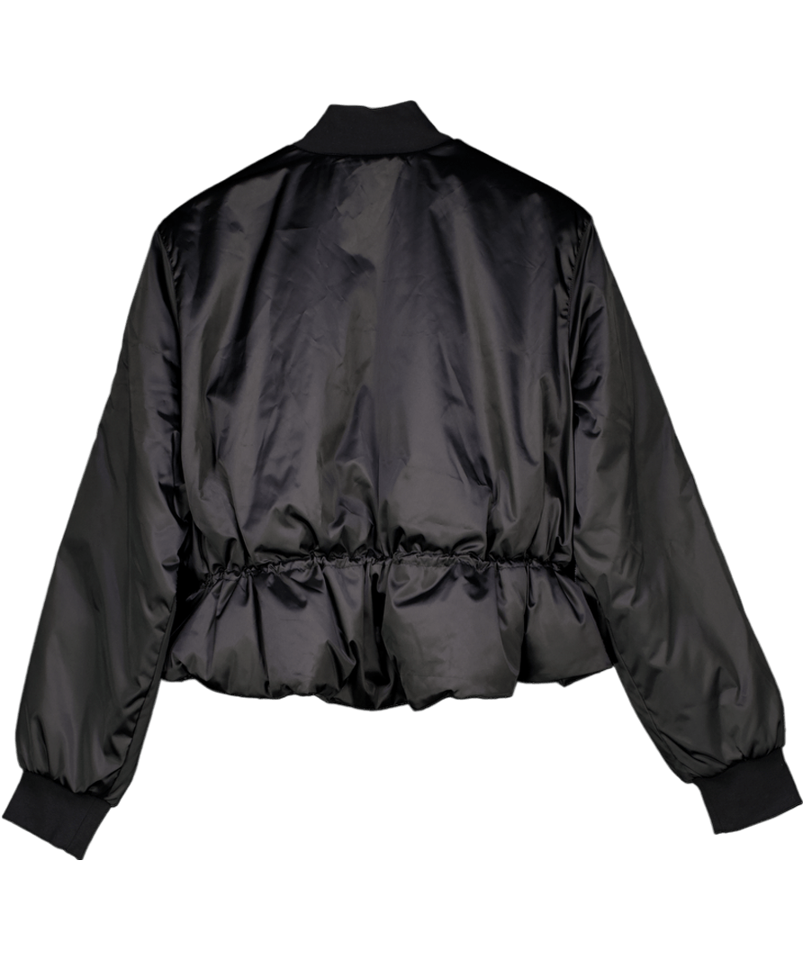 ADIDAS Originals Black Satin Three Stripe Cinched Waist Bomber Jacket UK 12