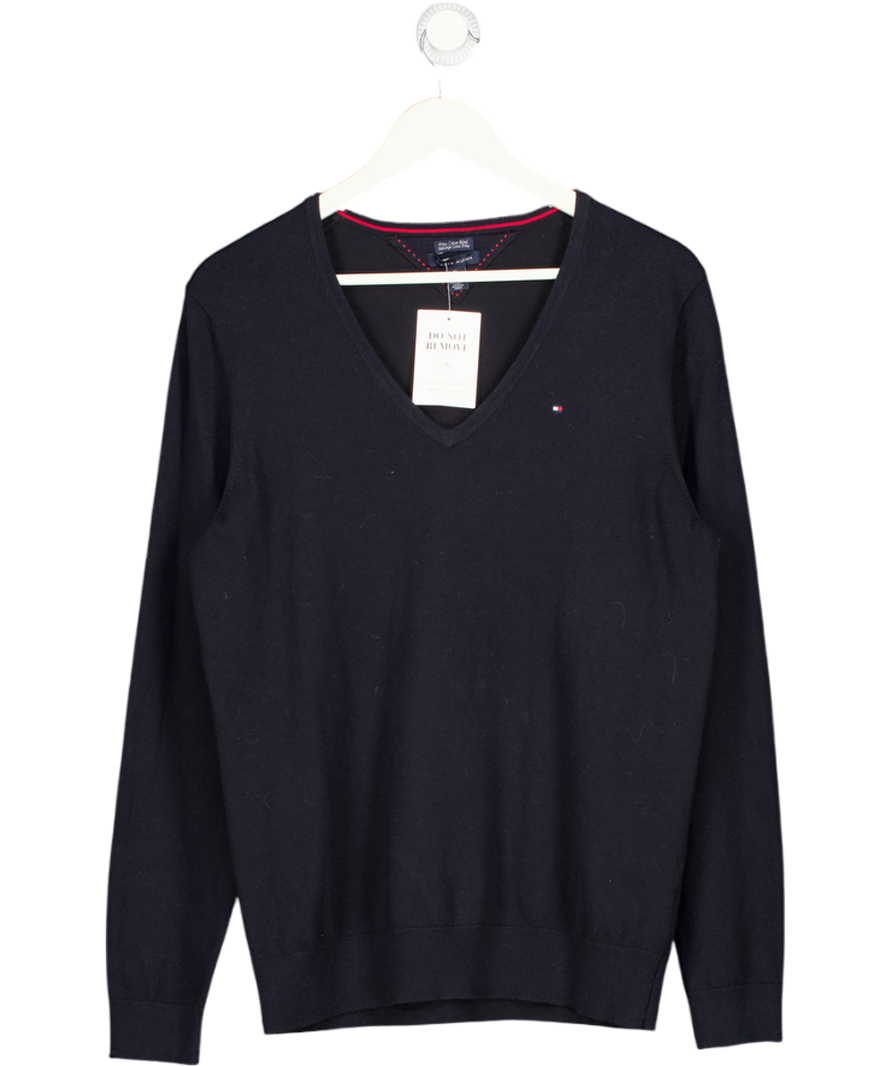 Tommy Hilfiger Navy Blue Fine Cotton Knit Flag Embroidered V-neck Jumper UK XL