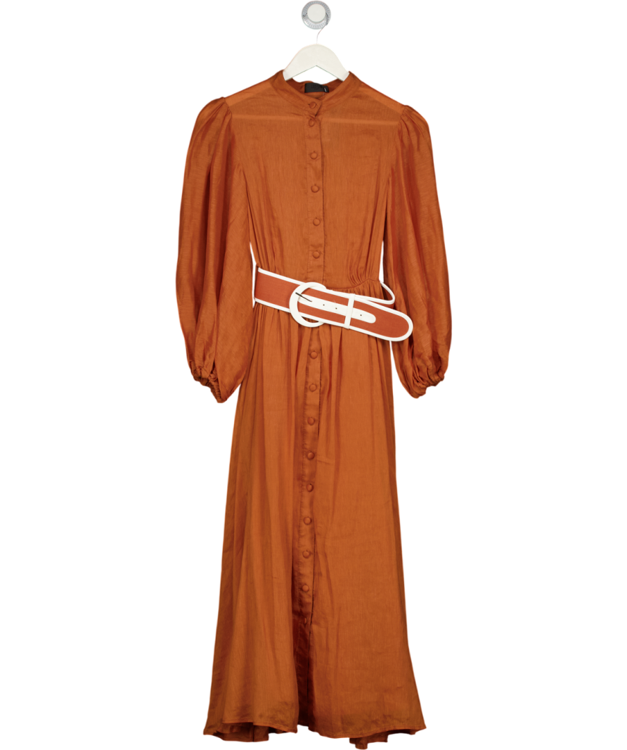 Leo Lin Rust Brown Silk & Linen Blend Belted Suffolk Midi Dress UK 6