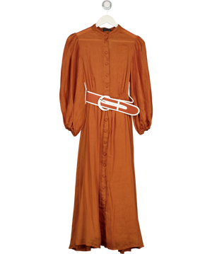 Leo Lin Rust Brown Silk & Linen Blend Belted Suffolk Midi Dress UK 6