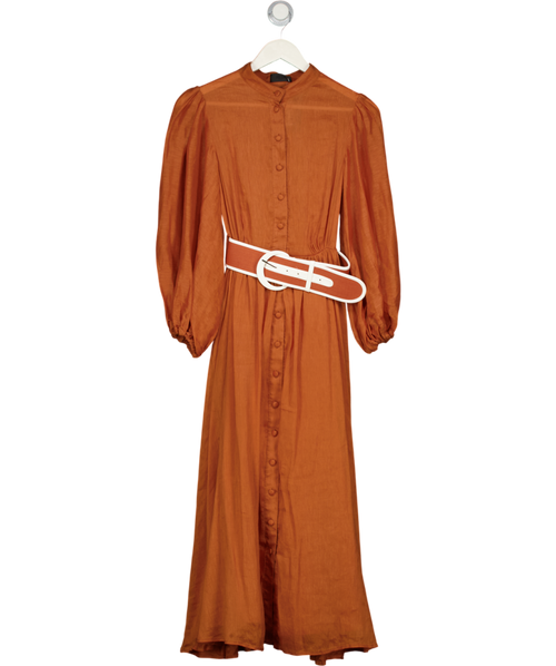 Leo Lin Rust Brown Silk & Linen Blend Belted Suffolk Midi Dress UK 6