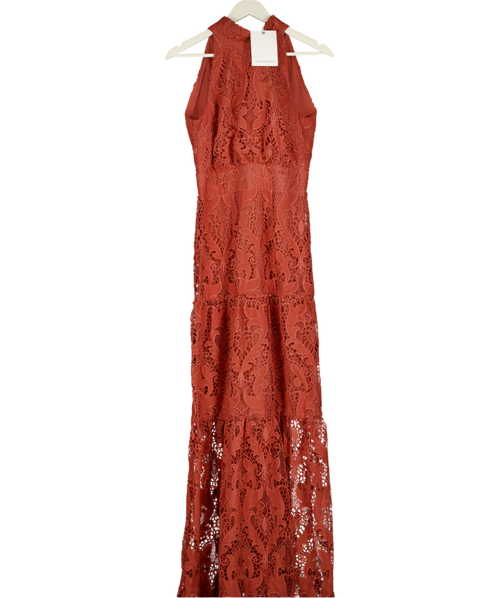 TRUE DECADENCE Red Rust Lace Tiered Maxi Dress UK 10