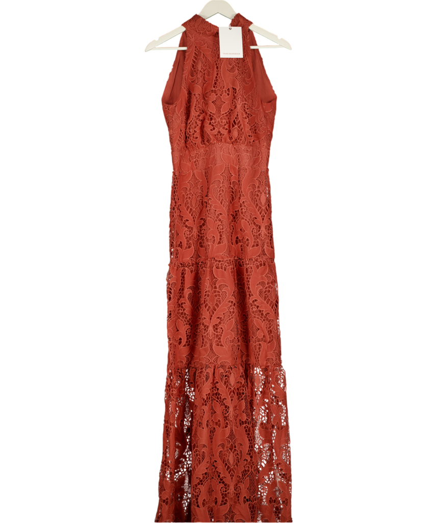 chinese dress ladies TRUE DECADENCE Red Rust Lace Tiered Maxi Dress UK 10 – Reliked